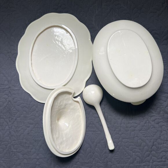 VTG Green Leaf Lattice Ceramic Soup Tureen Gravy Boat Platter Set w/Ladle Server - Picture 13 of 13